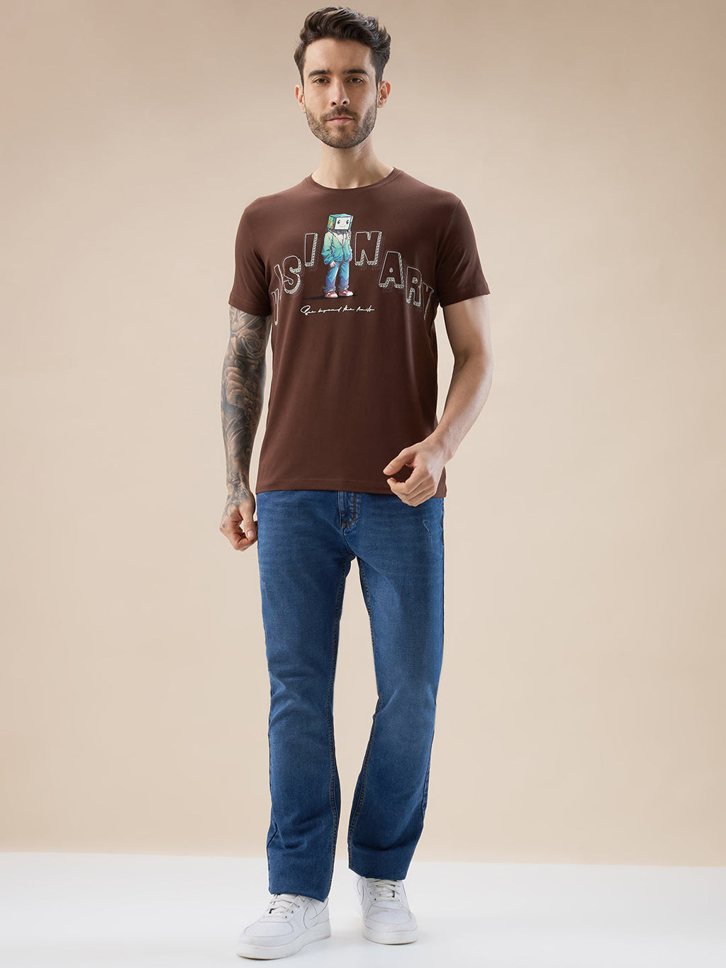 Mens Chest Typography Graphic Print Round Neck Regular Fit T-Shirt