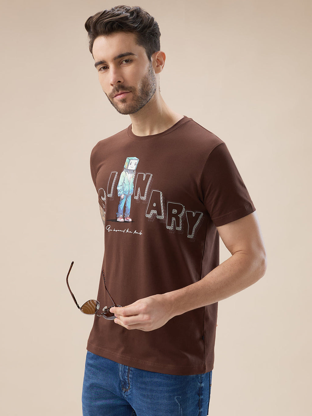 Mens Chest Typography Graphic Print Round Neck Regular Fit T-Shirt