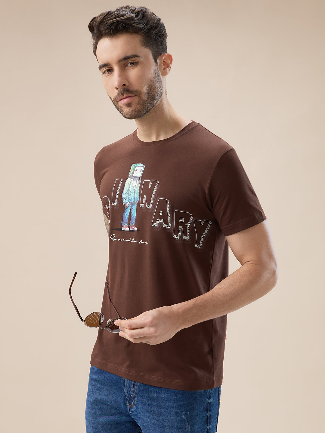 Mens Chest Typography Graphic Print Round Neck Regular Fit T-Shirt