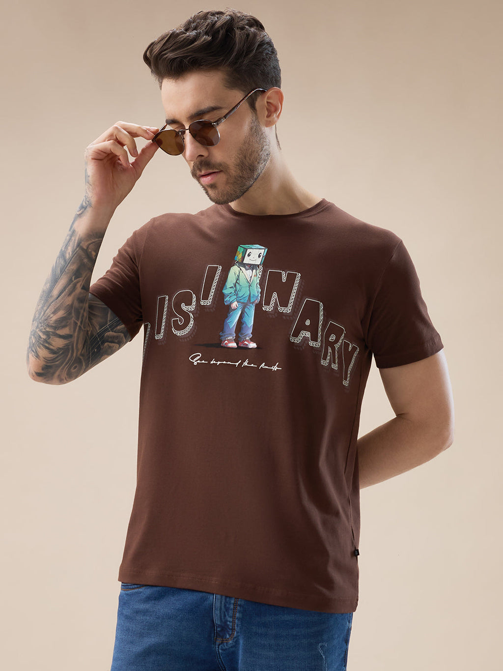 Mens Chest Typography Graphic Print Round Neck Regular Fit T-Shirt