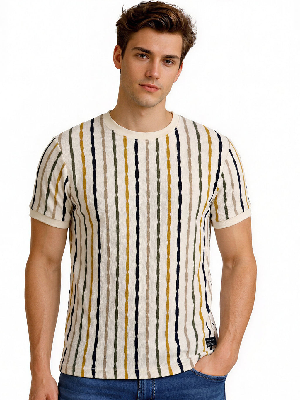 Multi-Stripe Textured Knit T-Shirt