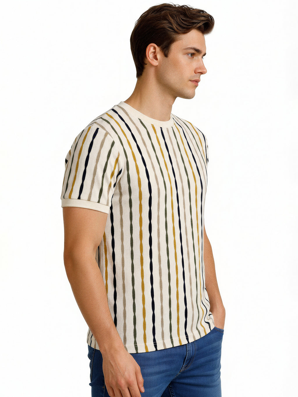 Multi-Stripe Textured Knit T-Shirt
