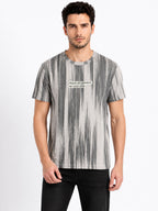 Men's Grey Striped Cotton Blend Regular Fit Round Neck T-Shirt