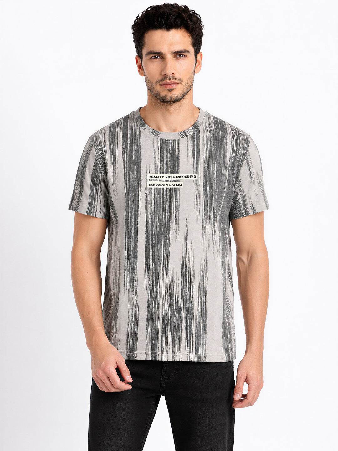 Men's Grey Striped Cotton Blend Regular Fit Round Neck T-Shirt