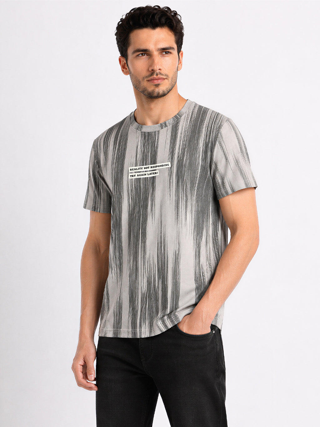 Men's Grey Striped Cotton Blend Regular Fit Round Neck T-Shirt