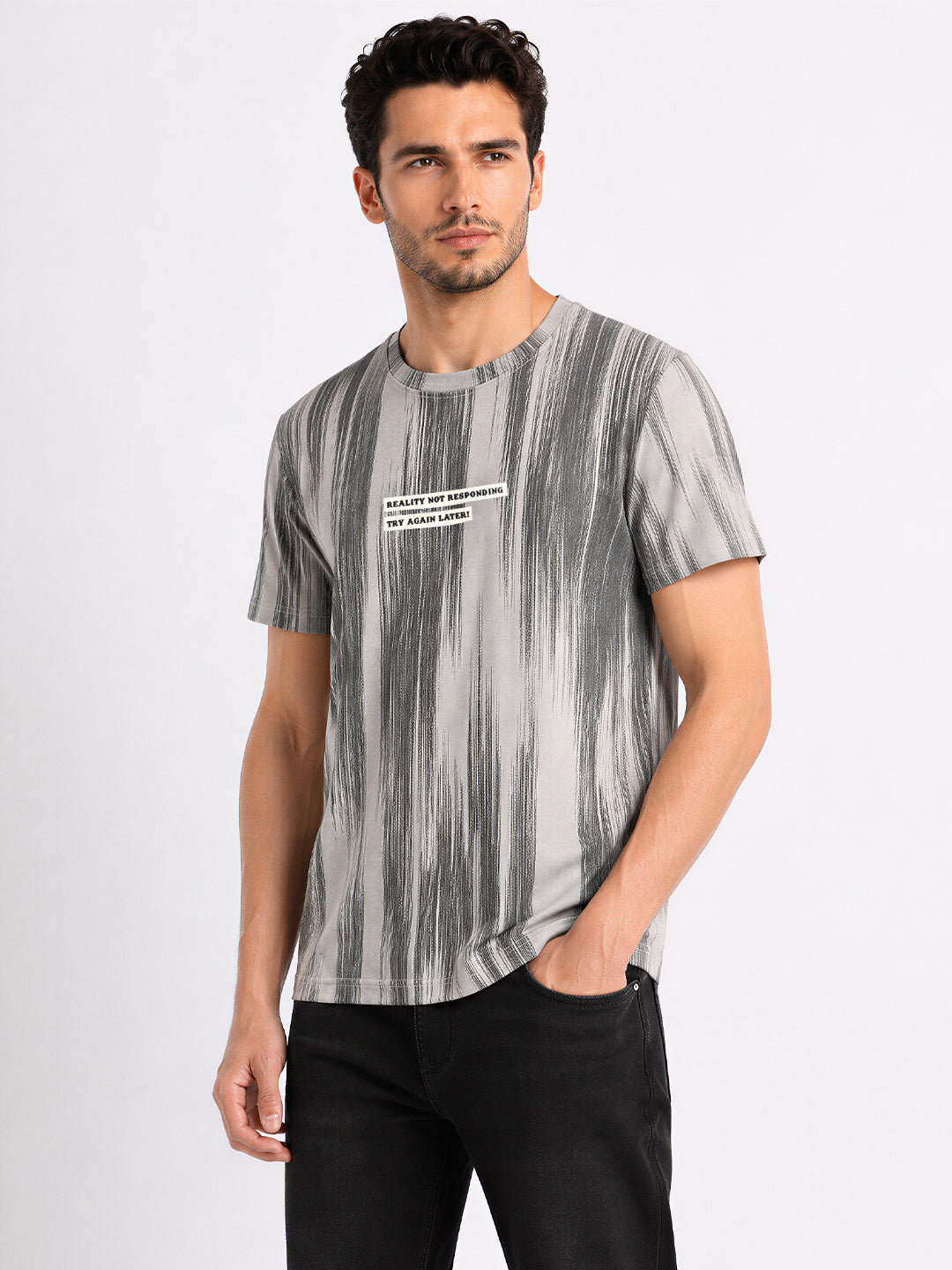 Men's Grey Striped Cotton Blend Regular Fit Round Neck T-Shirt