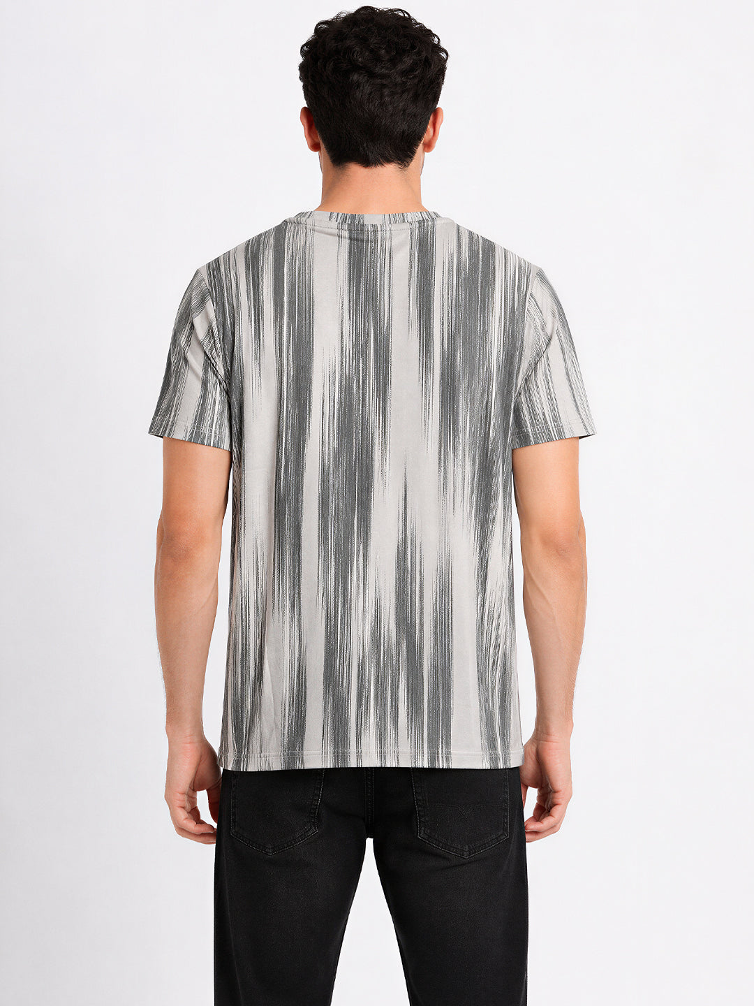 Men's Grey Striped Cotton Blend Regular Fit Round Neck T-Shirt