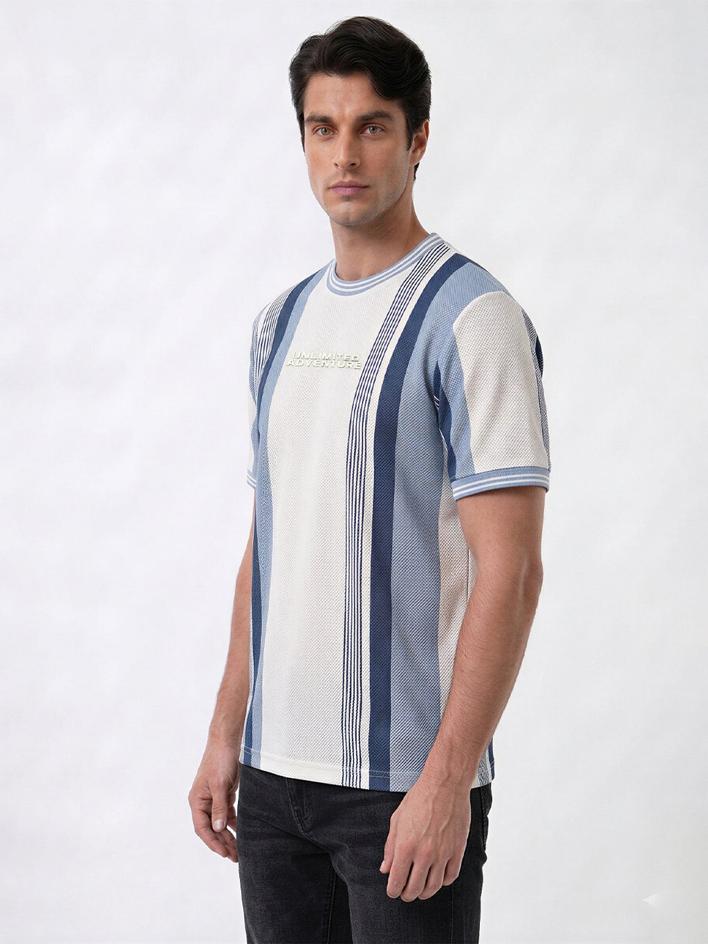 Grey & Blue Textured Stripe T-Shirt