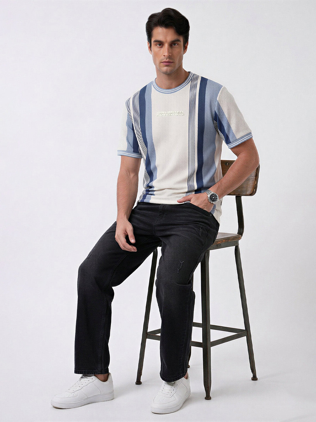 Grey & Blue Textured Stripe T-Shirt Main image