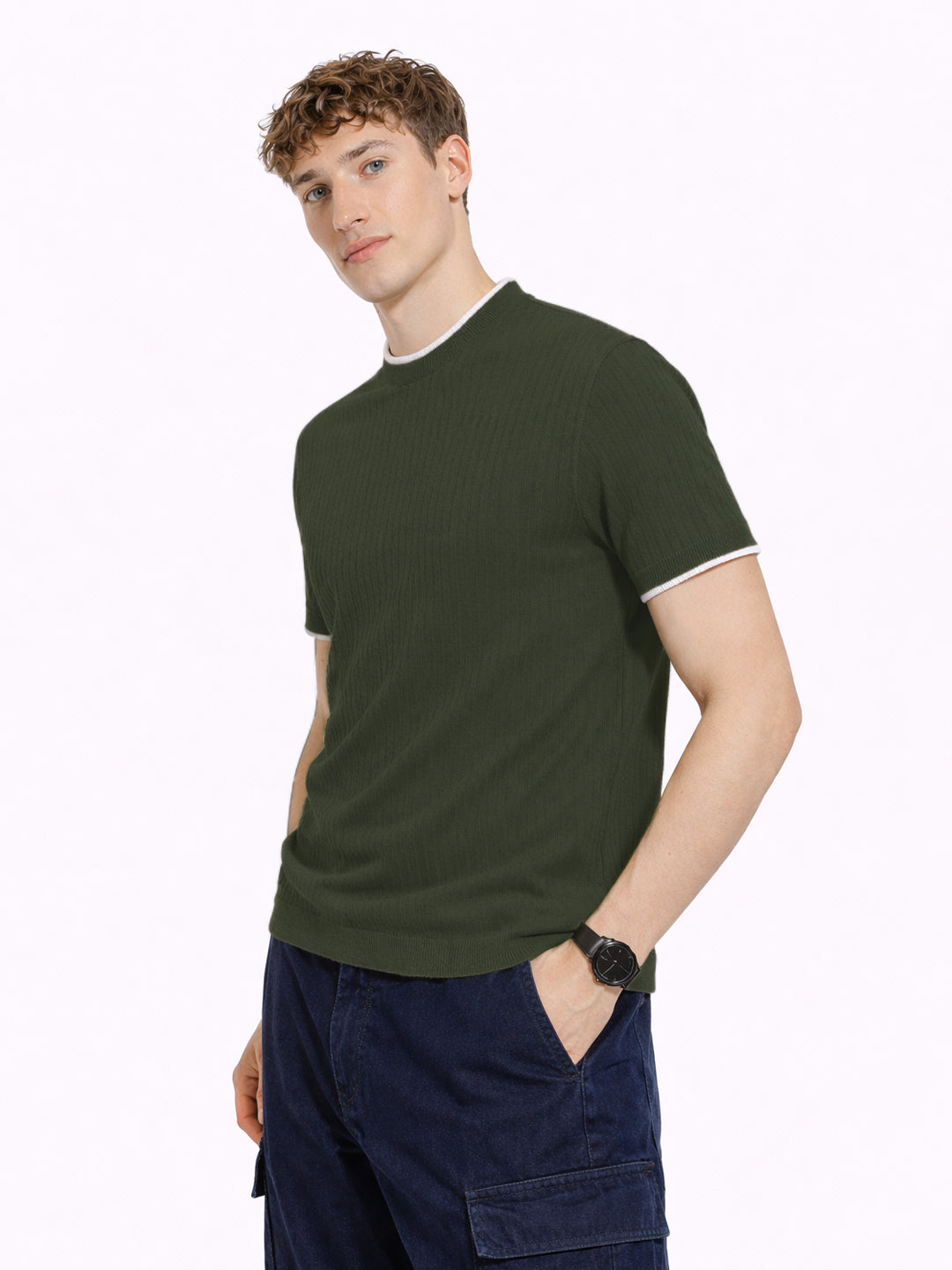 Green Rib Knit T-Shirt