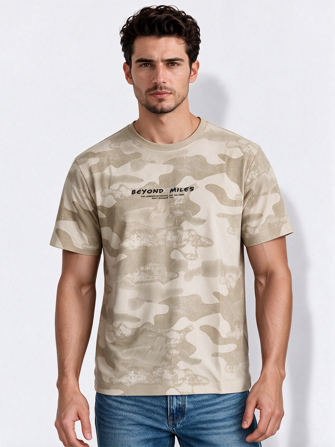 Men's Blended Printed Round Neck Regular Fit T-Shirt
