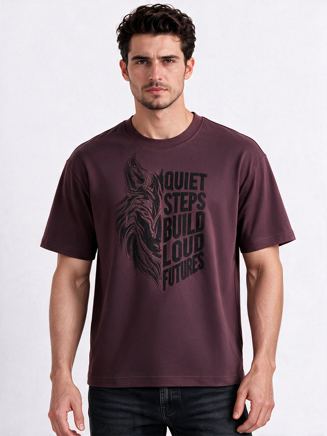 Wine Printed Round Neck Tshirt
