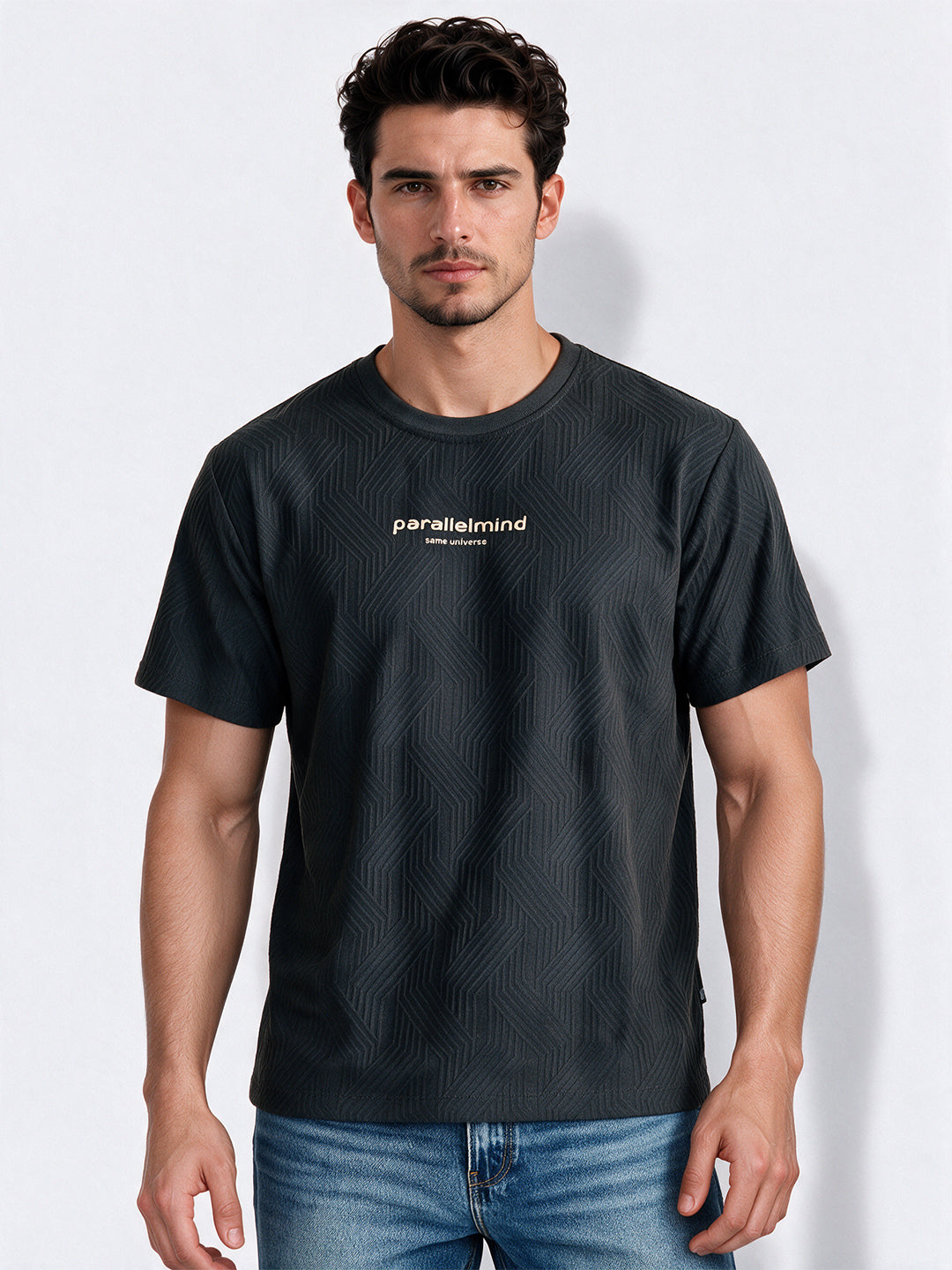Men's Blended Jacquard Round Neck Regular Fit T-Shirt