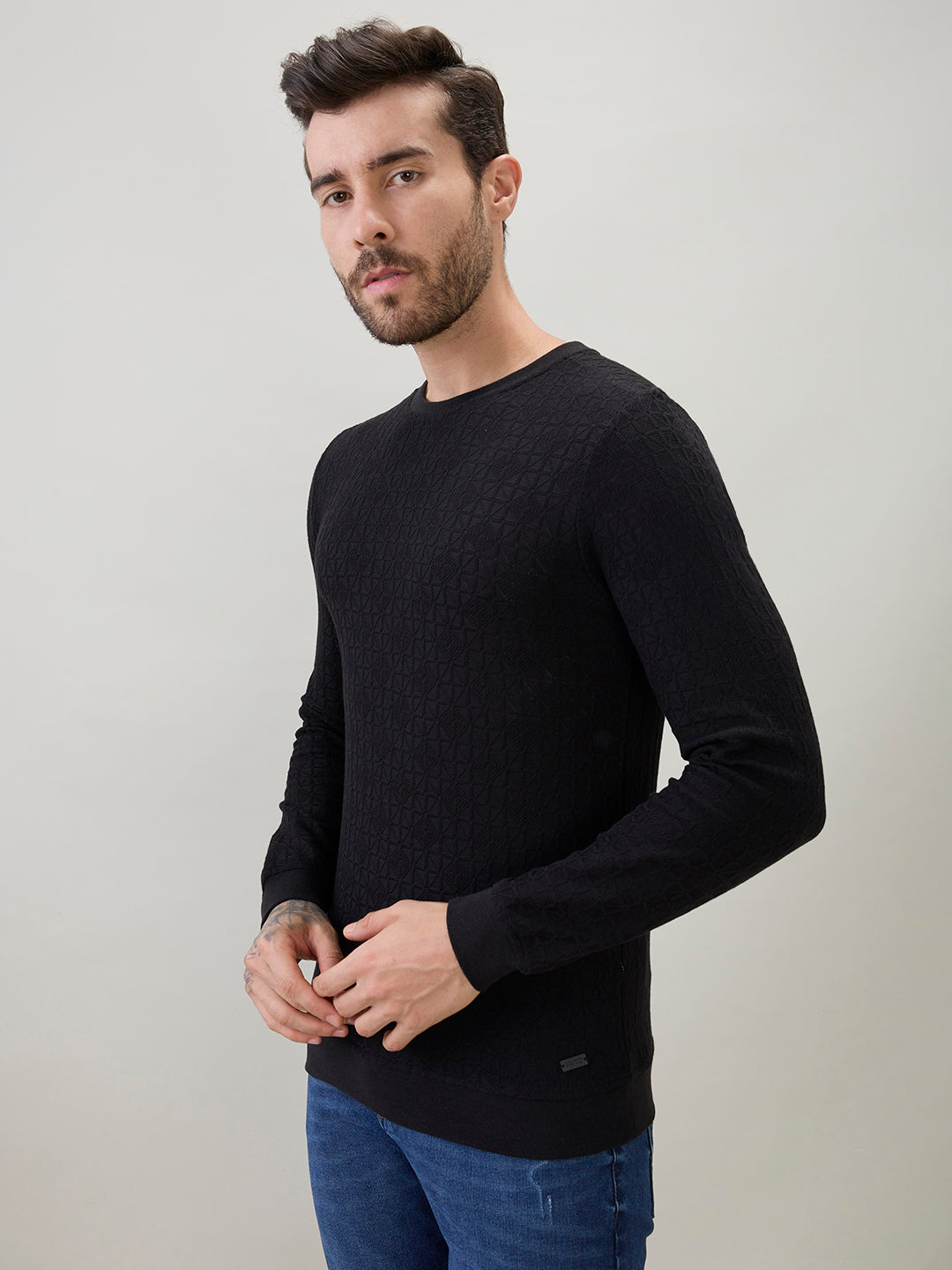 Men's Textured Round Neck Full Sleeves Regular Fit T-Shirt Secondary image