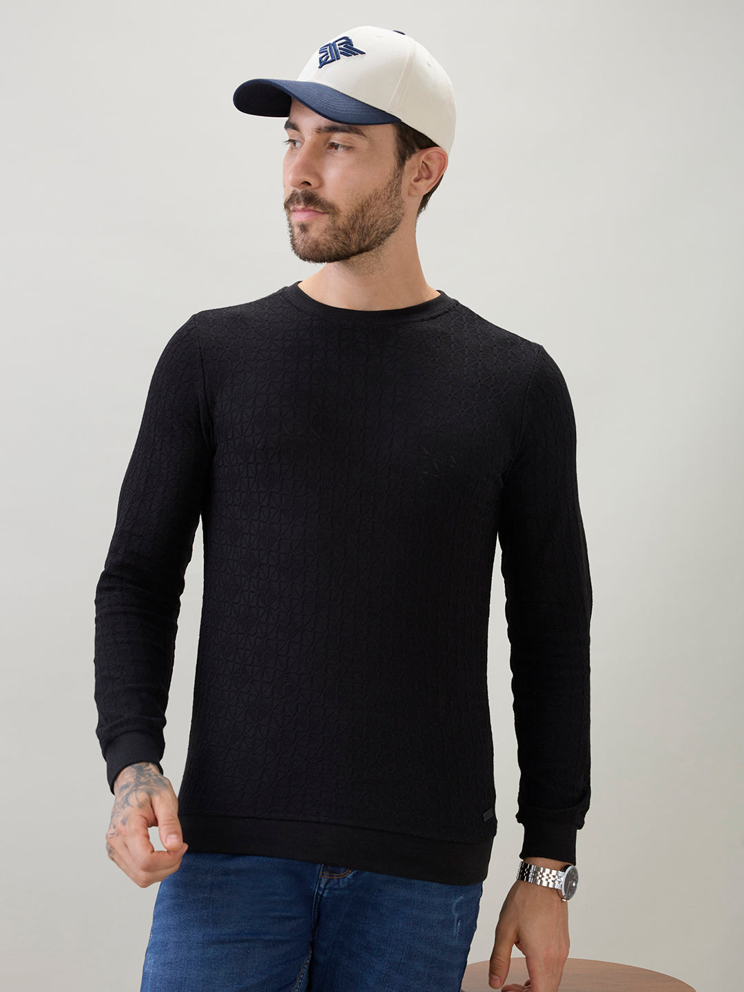 Men's Textured Round Neck Full Sleeves Regular Fit T-Shirt