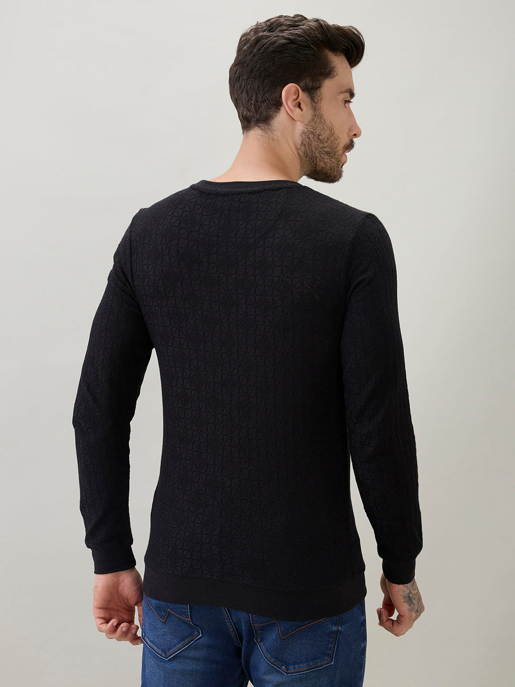 Men's Textured Round Neck Full Sleeves Regular Fit T-Shirt