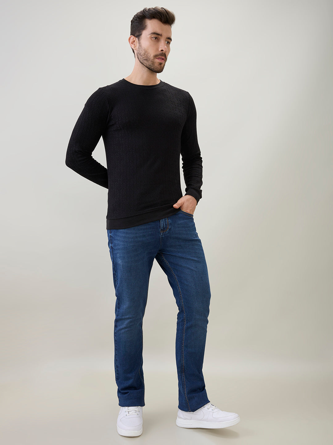 Men's Textured Round Neck Full Sleeves Regular Fit T-Shirt