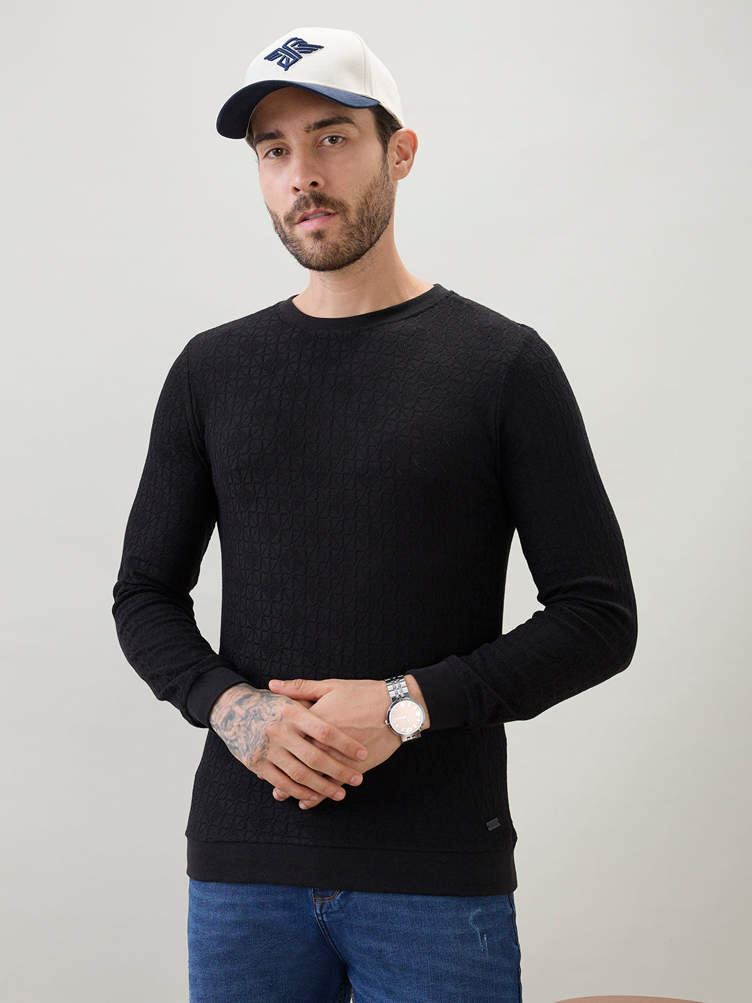 Men's Textured Round Neck Full Sleeves Regular Fit T-Shirt