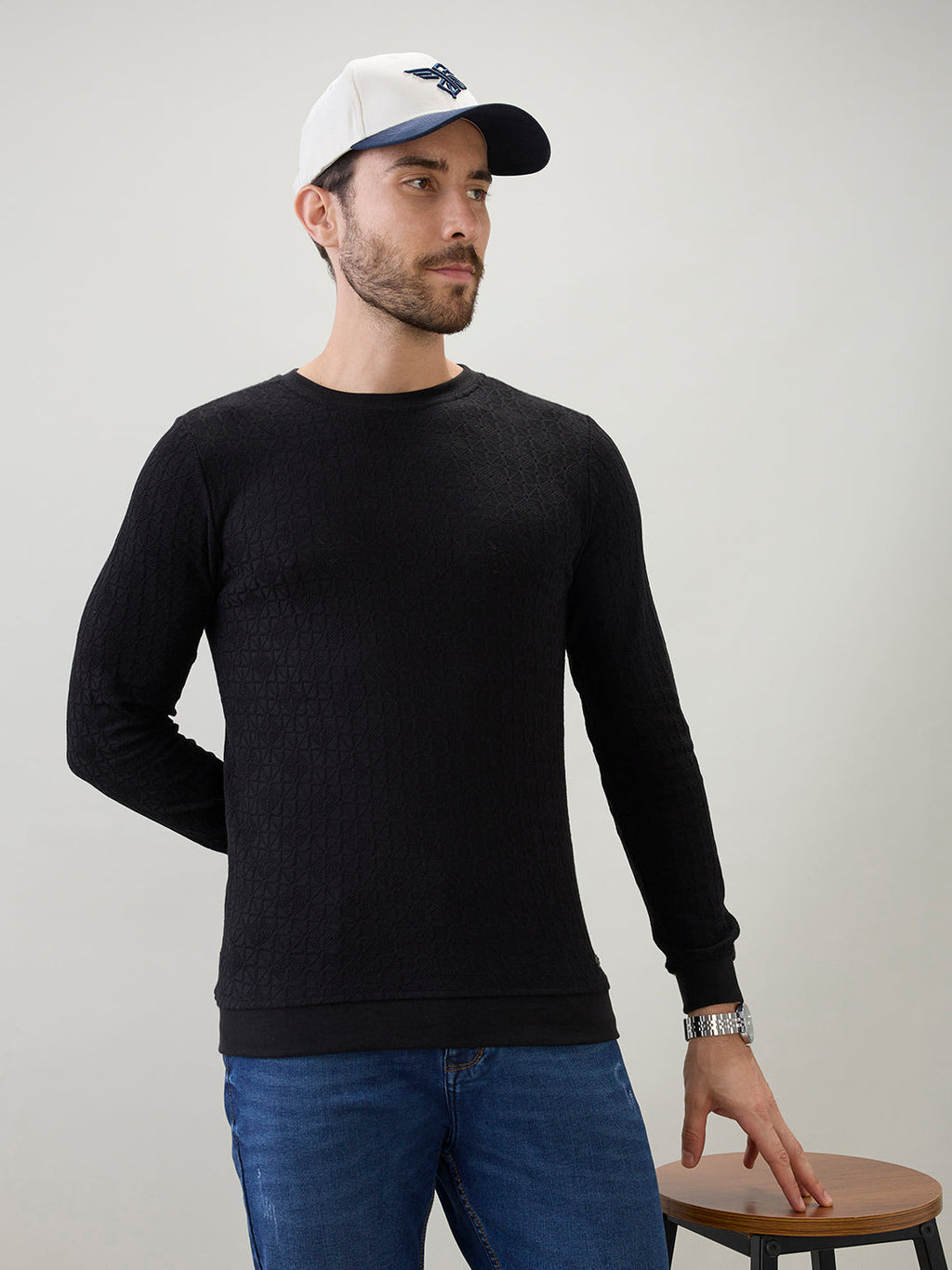 Men's Textured Round Neck Full Sleeves Regular Fit T-Shirt