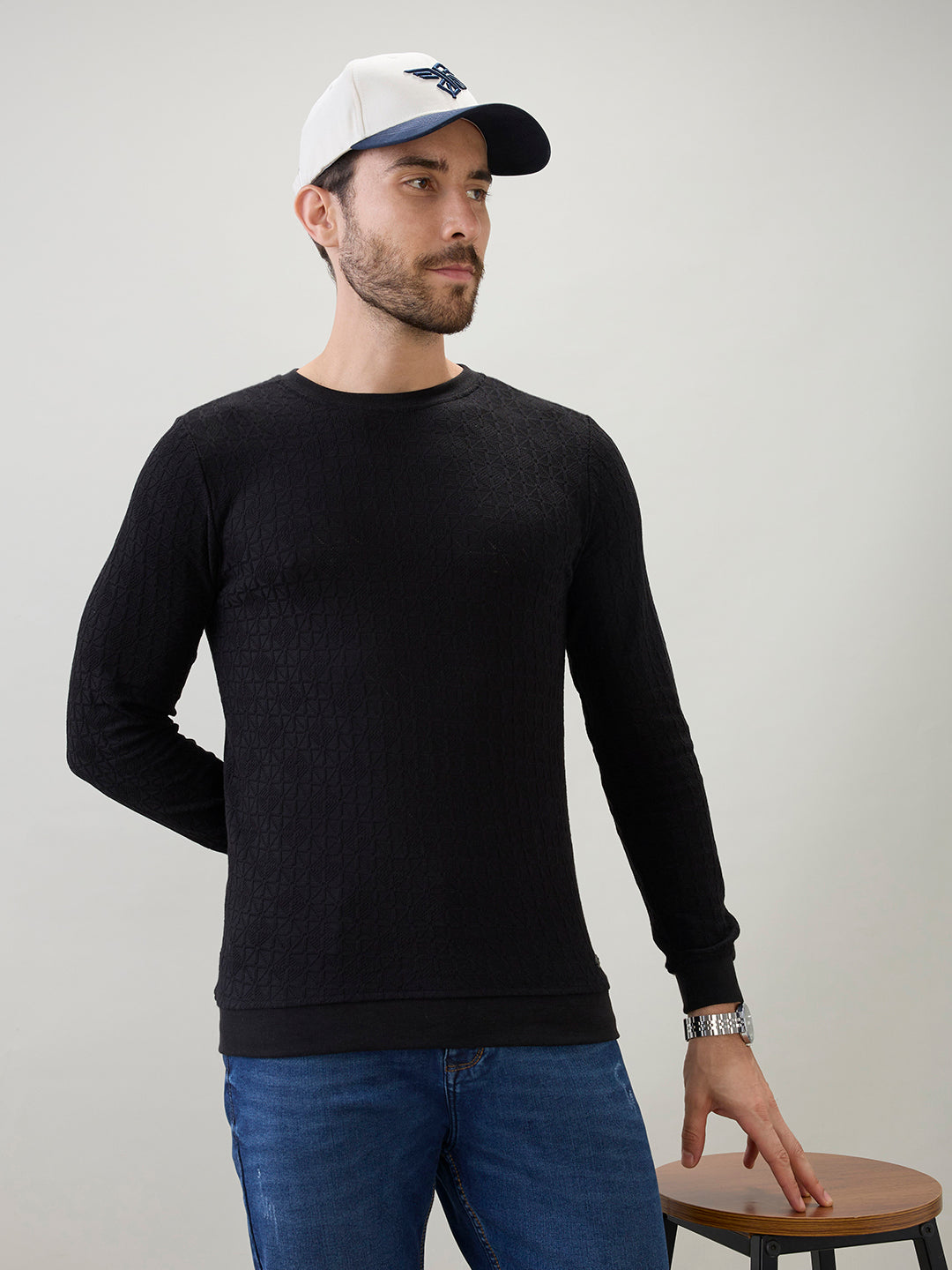 Men's Textured Round Neck Full Sleeves Regular Fit T-Shirt