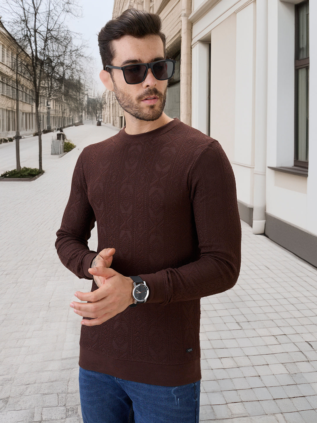 Men's Textured Full Sleeve Regular Fit Round Neck T-Shirt Main image