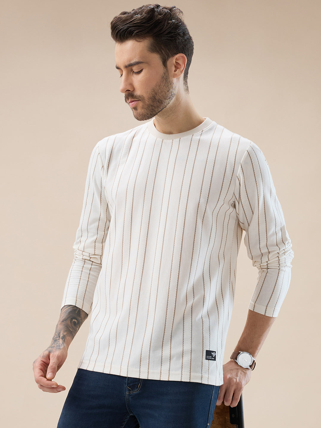 Men's Vertical Striped Full Sleeve Regular Fit T-Shirt