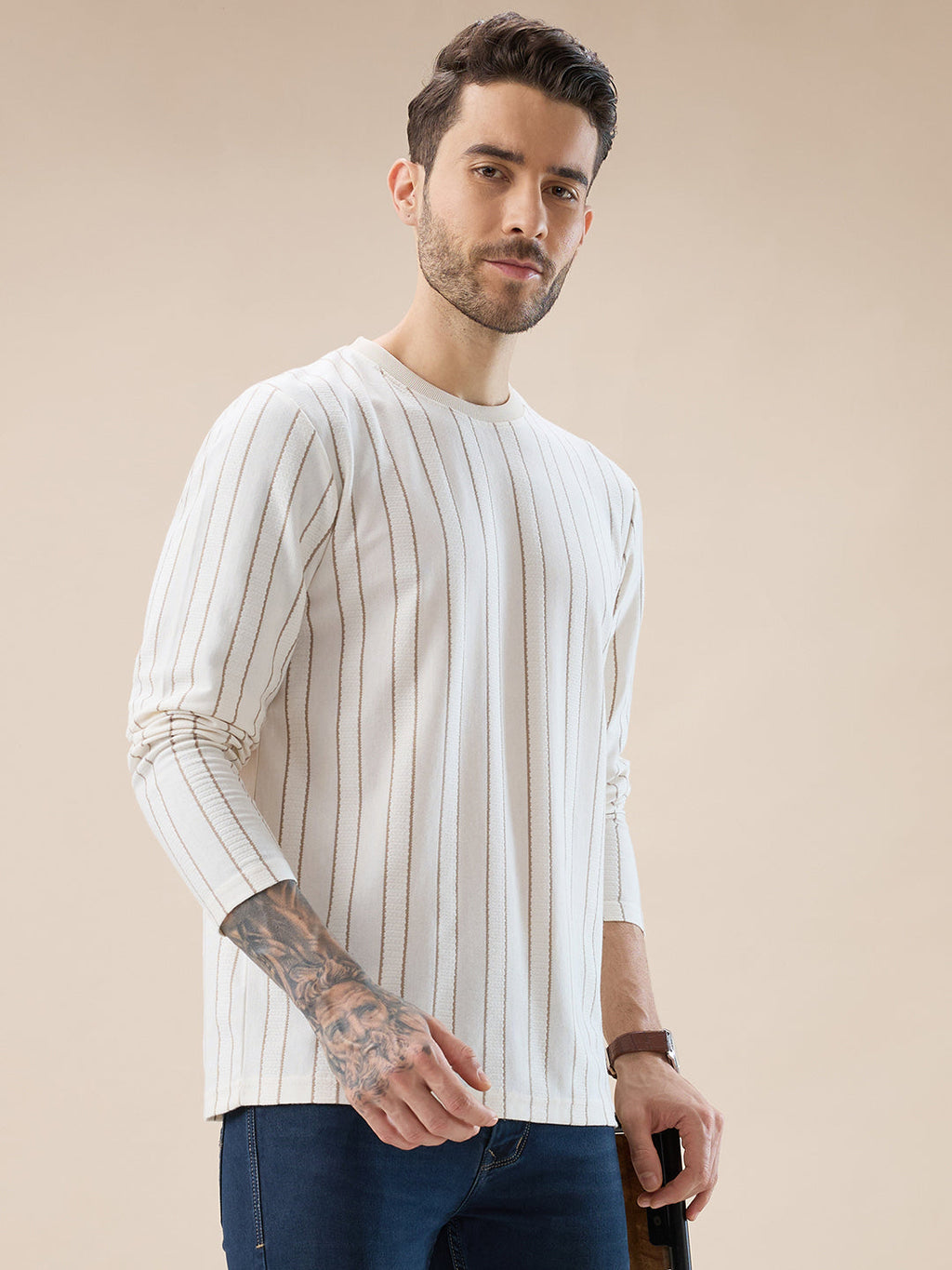Men's Vertical Striped Full Sleeve Regular Fit T-Shirt