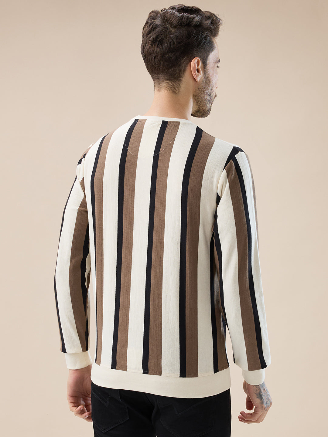 Men's Round Neck Full Sleeve Regular Fit Striped T-Shirt