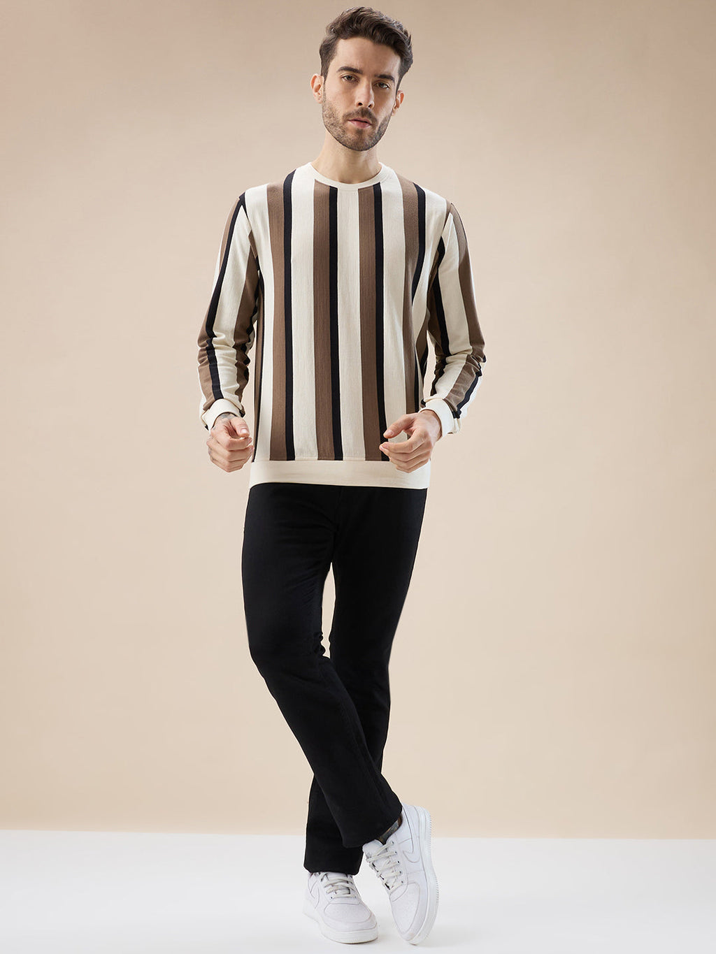 Men's Round Neck Full Sleeve Regular Fit Striped T-Shirt