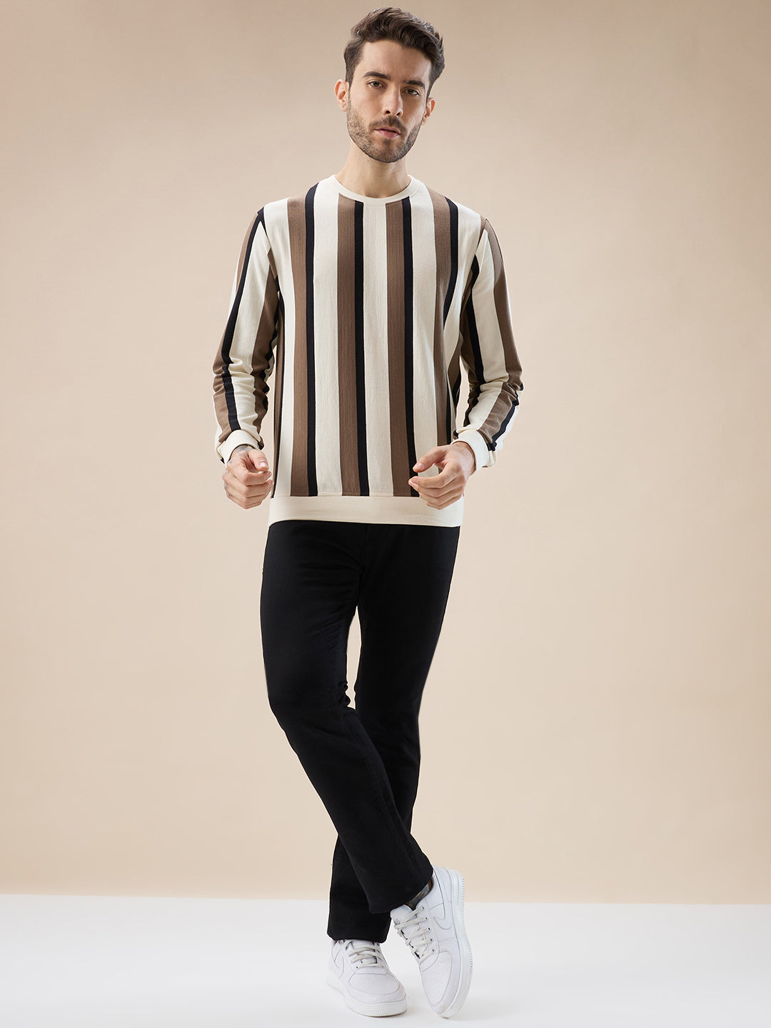 Men's Round Neck Full Sleeve Regular Fit Striped T-Shirt