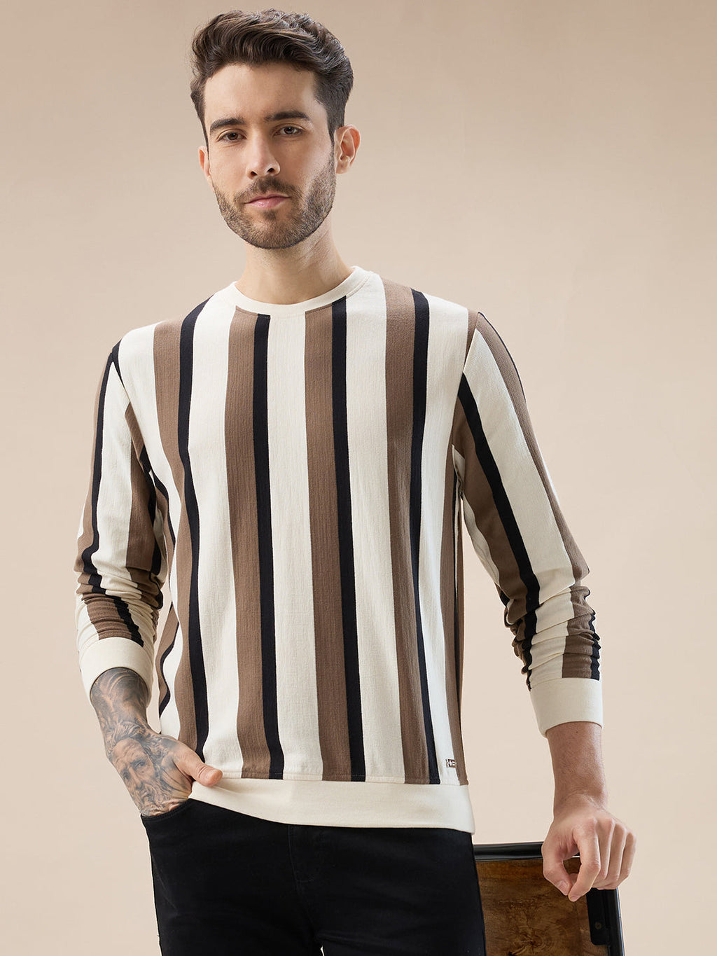 Men's Round Neck Full Sleeve Regular Fit Striped T-Shirt