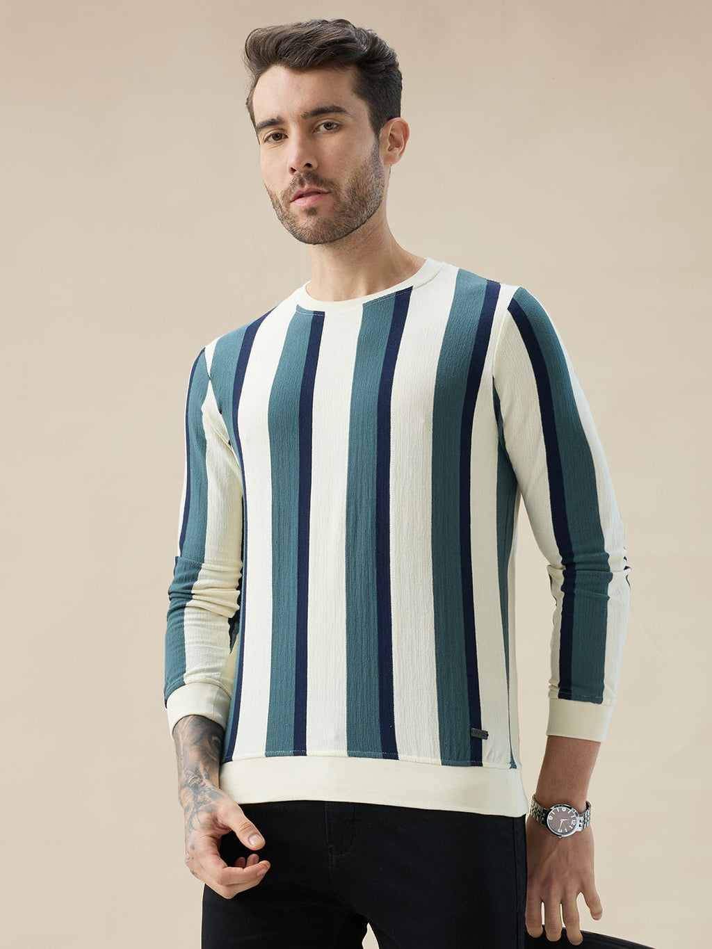 Men's Round Neck Full Sleeve Regular Fit Striped T-Shirt