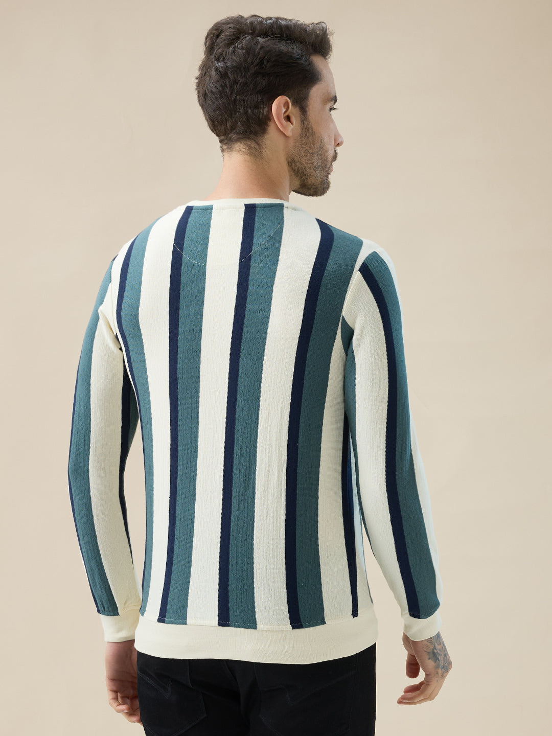 Men's Round Neck Full Sleeve Regular Fit Striped T-Shirt