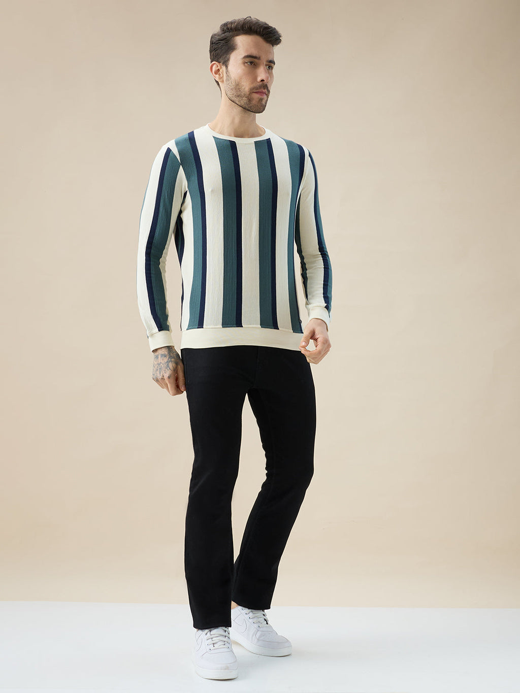 Men's Round Neck Full Sleeve Regular Fit Striped T-Shirt