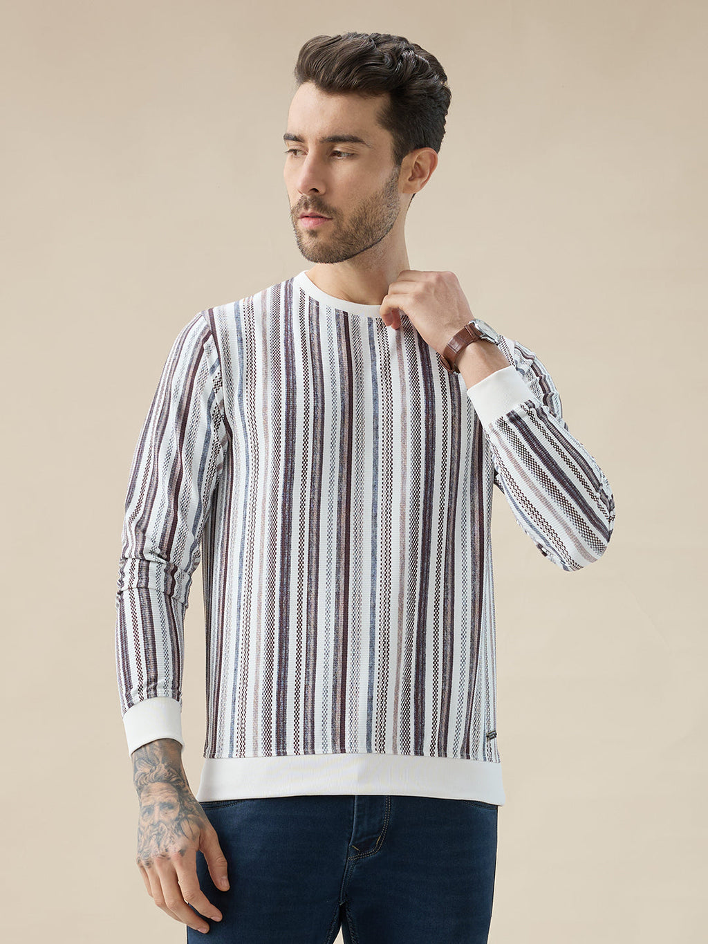 Mens Striped Regular Fit Full Sleeve Round Neck T-Shirt