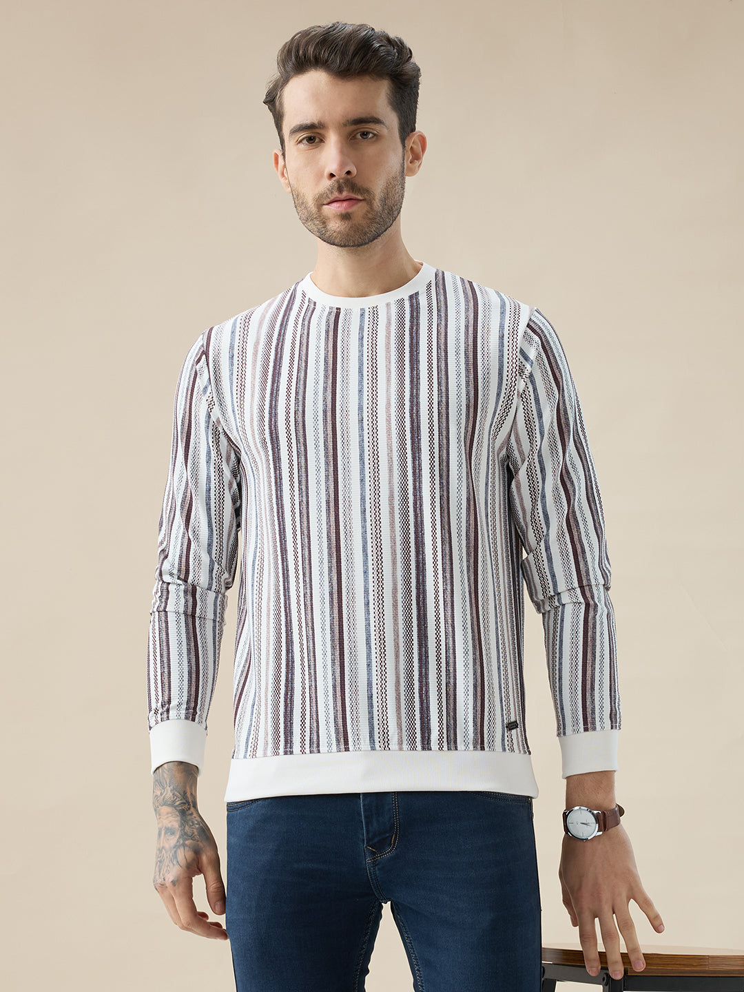 Mens Striped Regular Fit Full Sleeve Round Neck T-Shirt