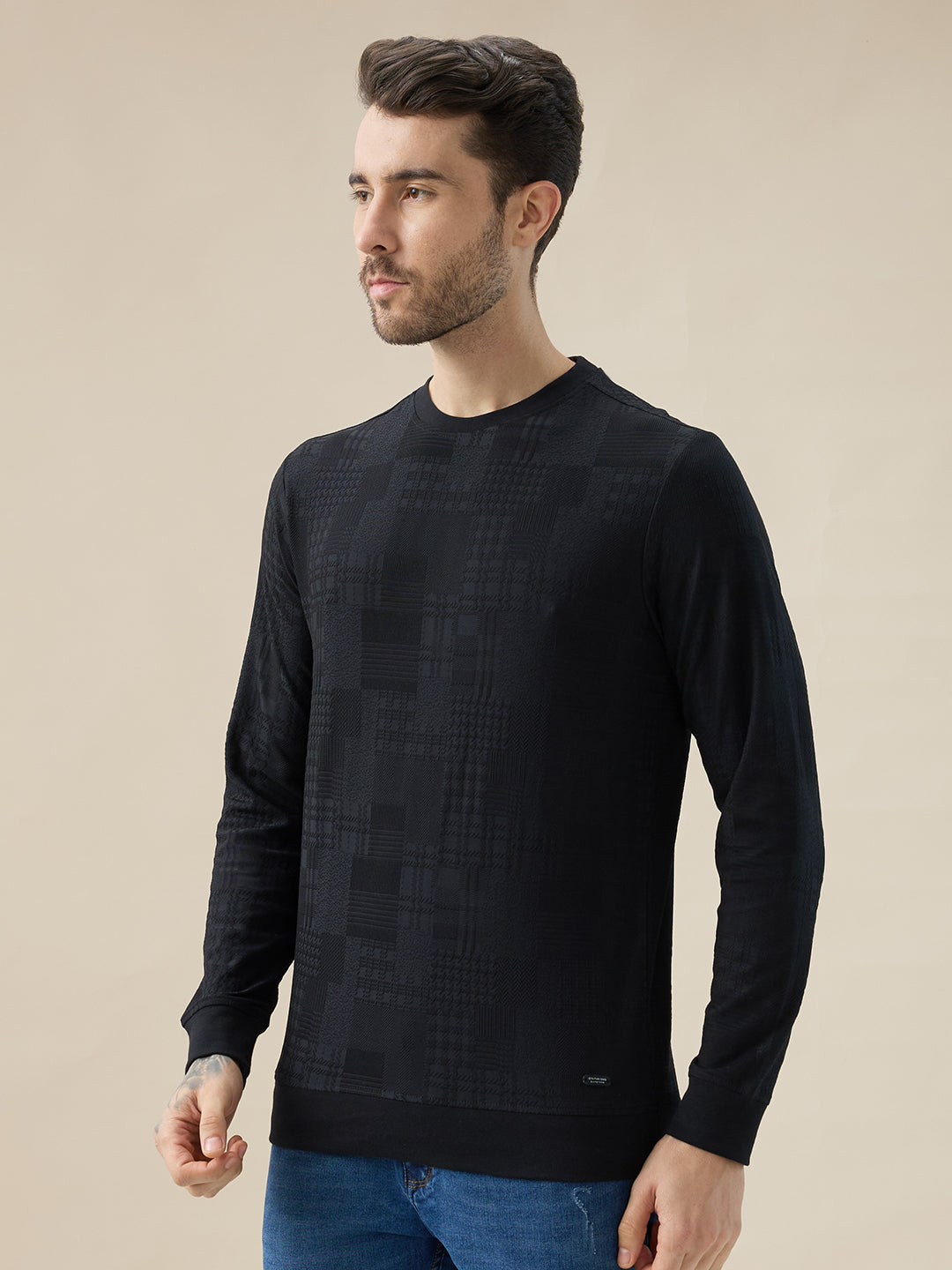 Mens Geometric Textured Round Neck Full Sleeve Regular Fit T-Shirt