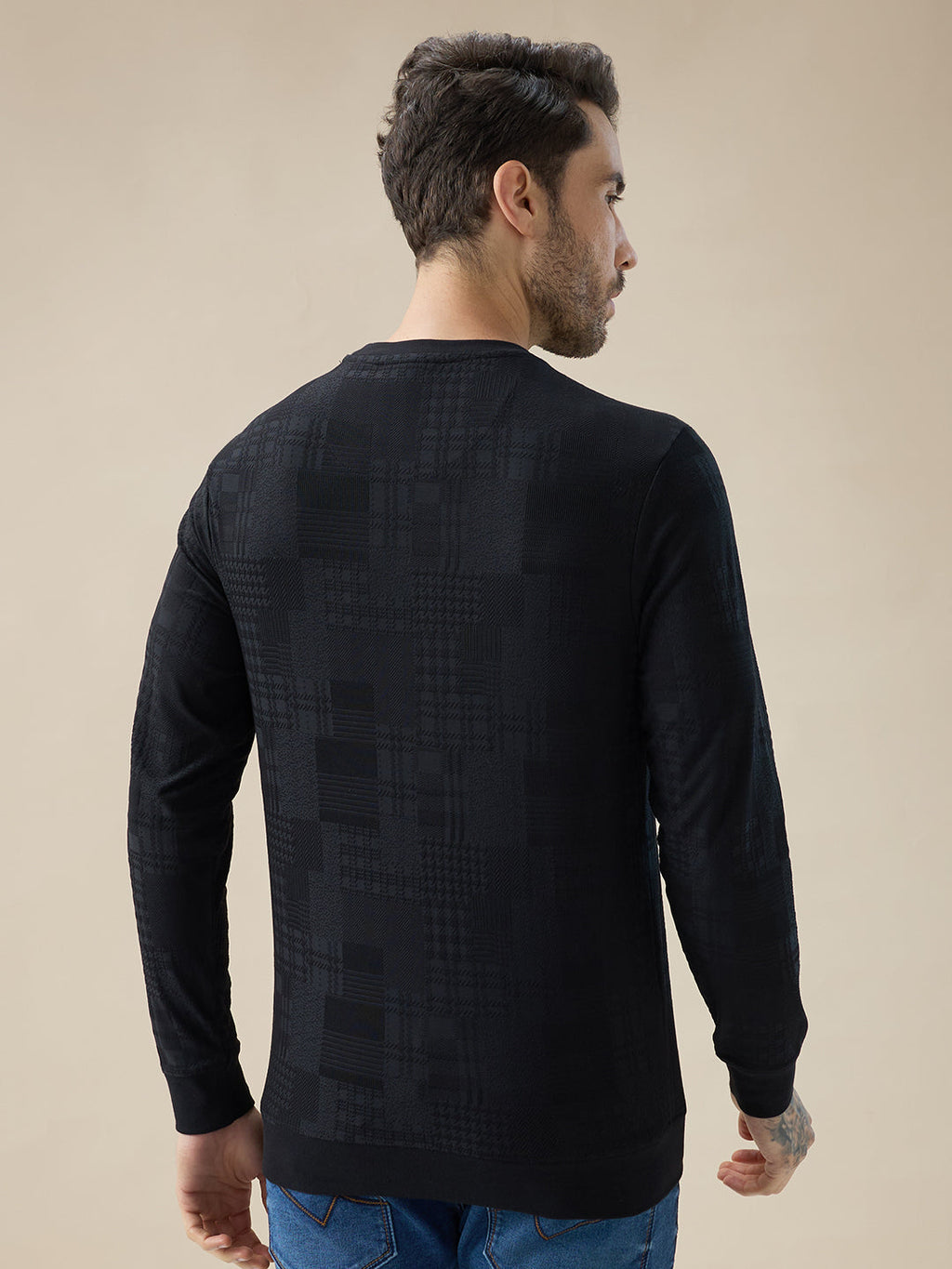 Mens Geometric Textured Round Neck Full Sleeve Regular Fit T-Shirt