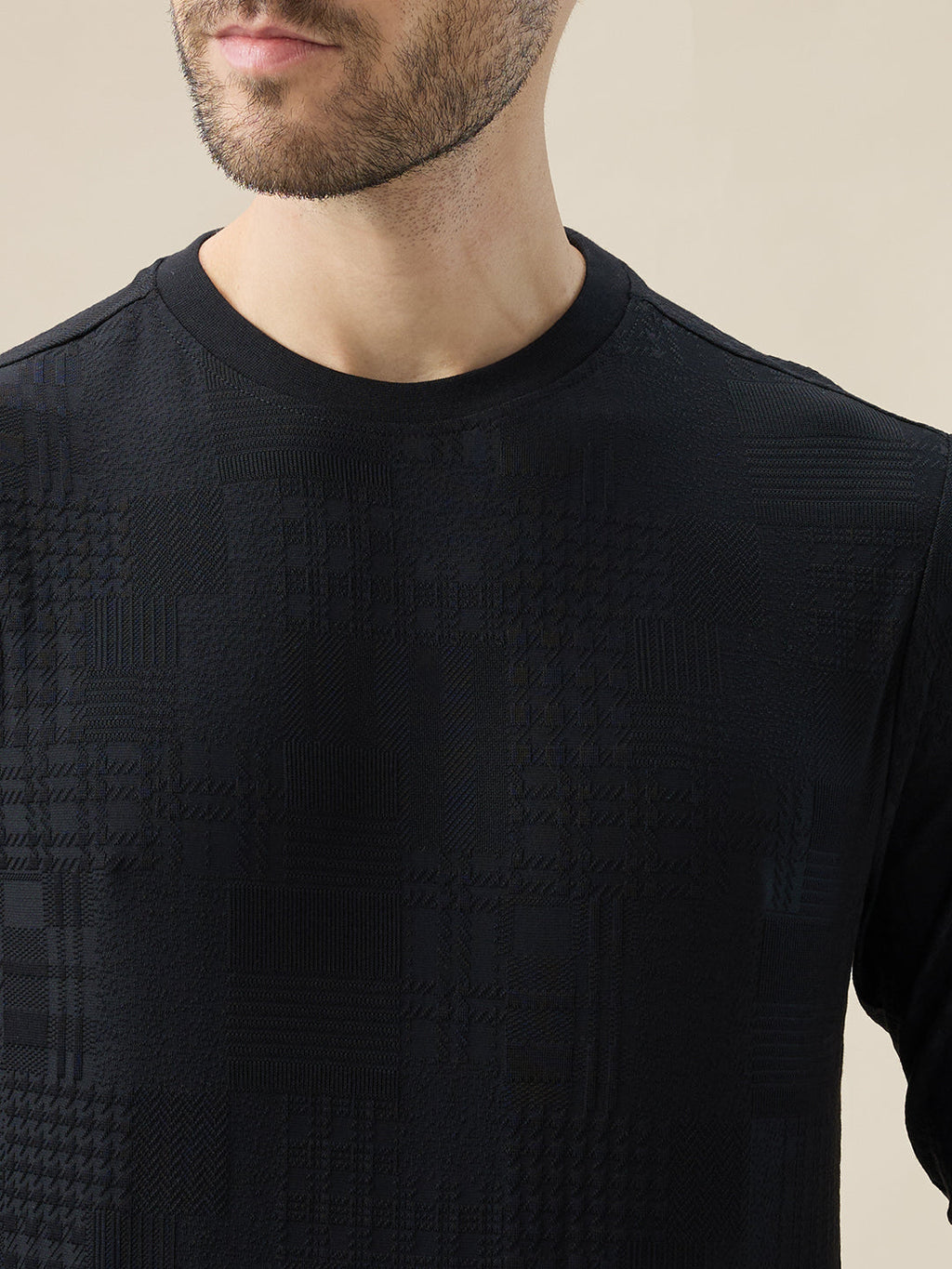 Mens Geometric Textured Round Neck Full Sleeve Regular Fit T-Shirt