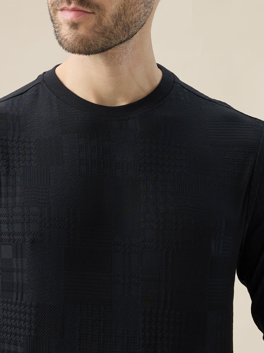 Mens Geometric Textured Round Neck Full Sleeve Regular Fit T-Shirt