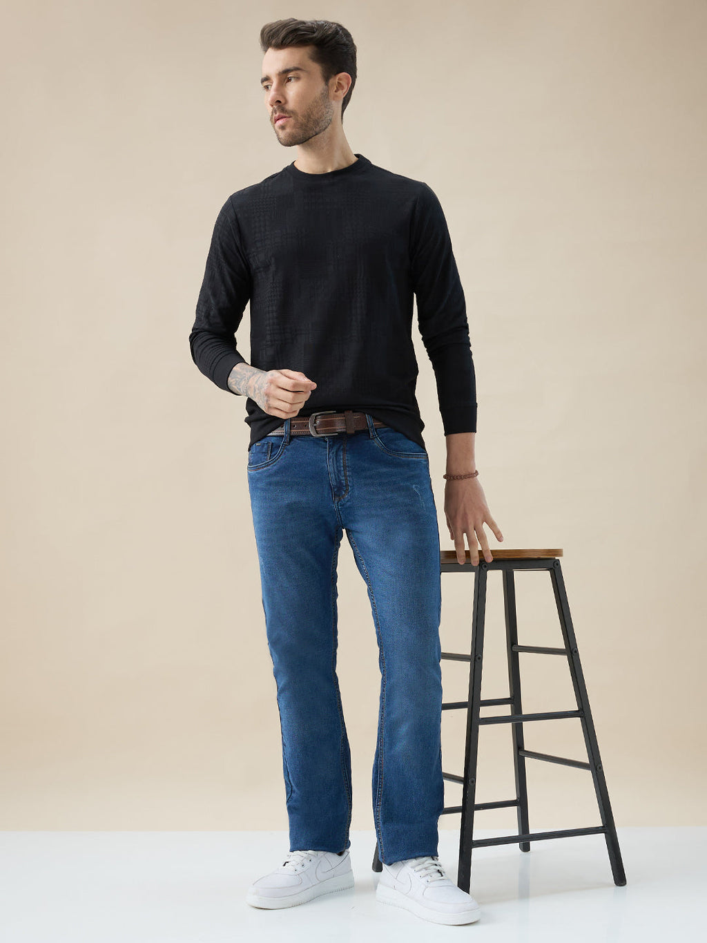 Mens Geometric Textured Round Neck Full Sleeve Regular Fit T-Shirt