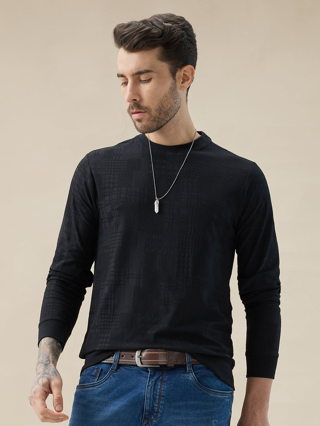 Mens Geometric Textured Round Neck Full Sleeve Regular Fit T-Shirt