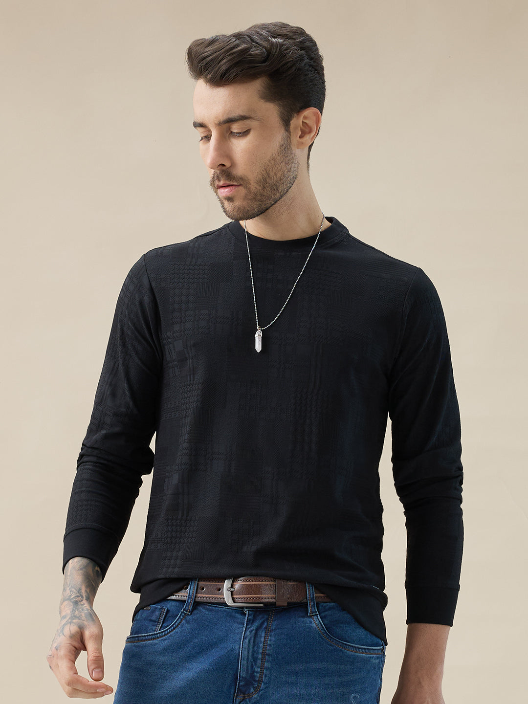 Mens Geometric Textured Round Neck Full Sleeve Regular Fit T-Shirt