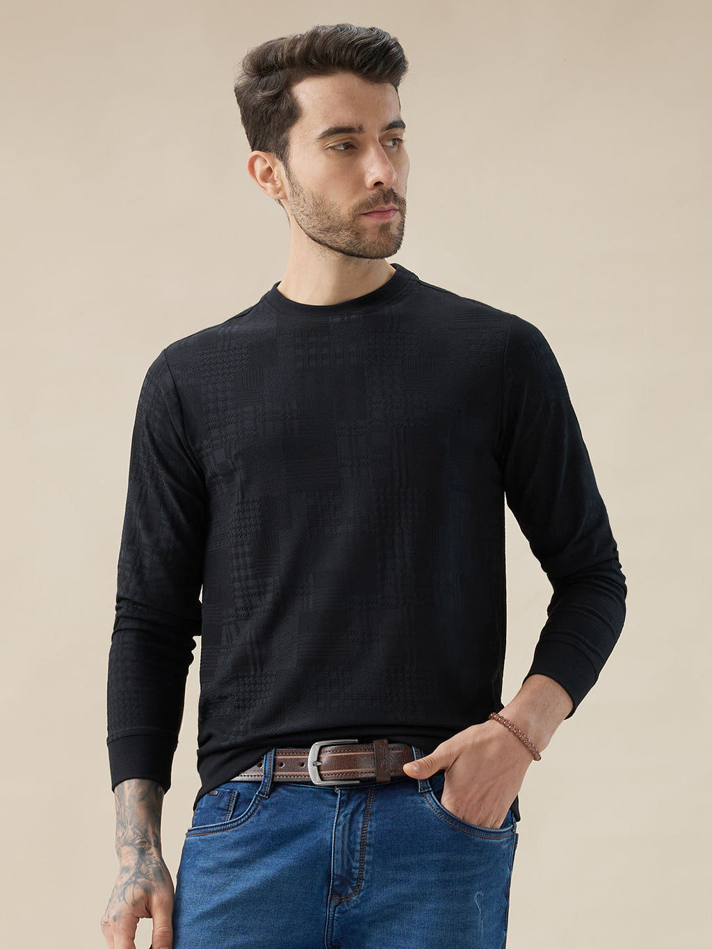 Mens Geometric Textured Round Neck Full Sleeve Regular Fit T-Shirt