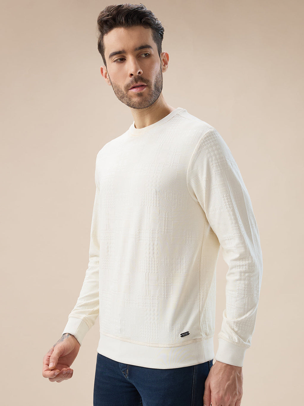 Men's Geometric Textured Round Neck Full Sleeve Regular Fit T-Shirt