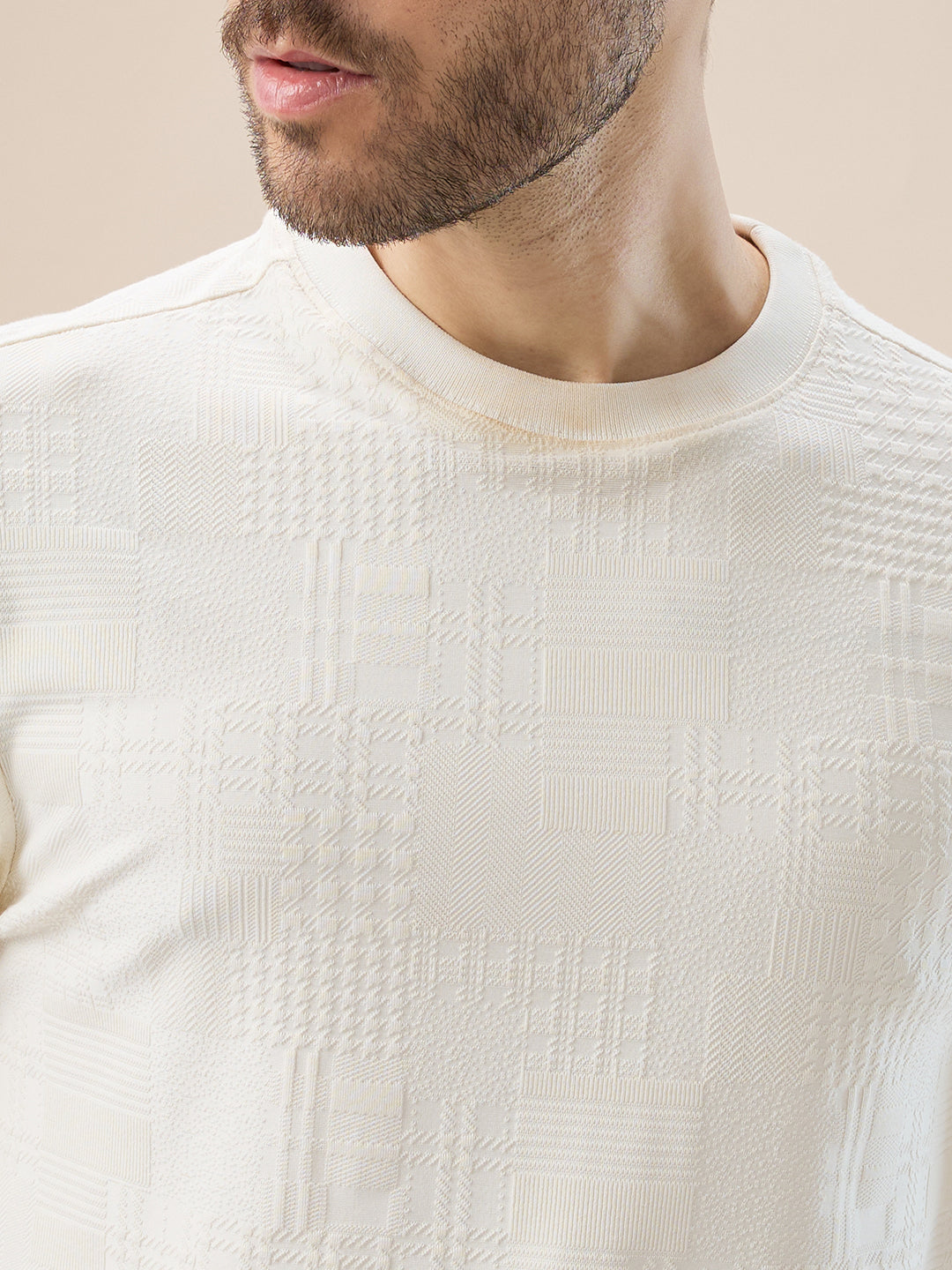 Men's Geometric Textured Round Neck Full Sleeve Regular Fit T-Shirt