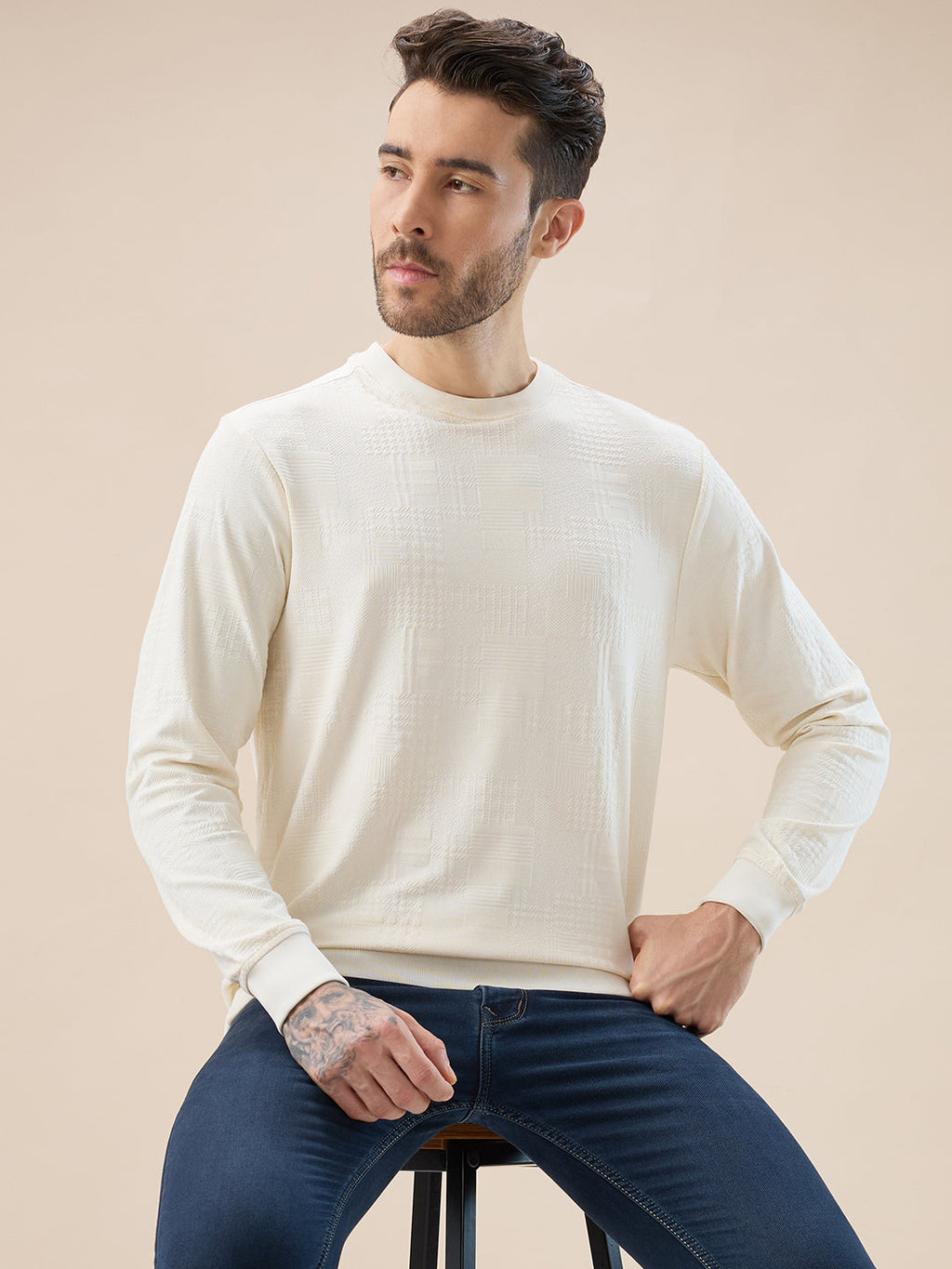 Men's Geometric Textured Round Neck Full Sleeve Regular Fit T-Shirt