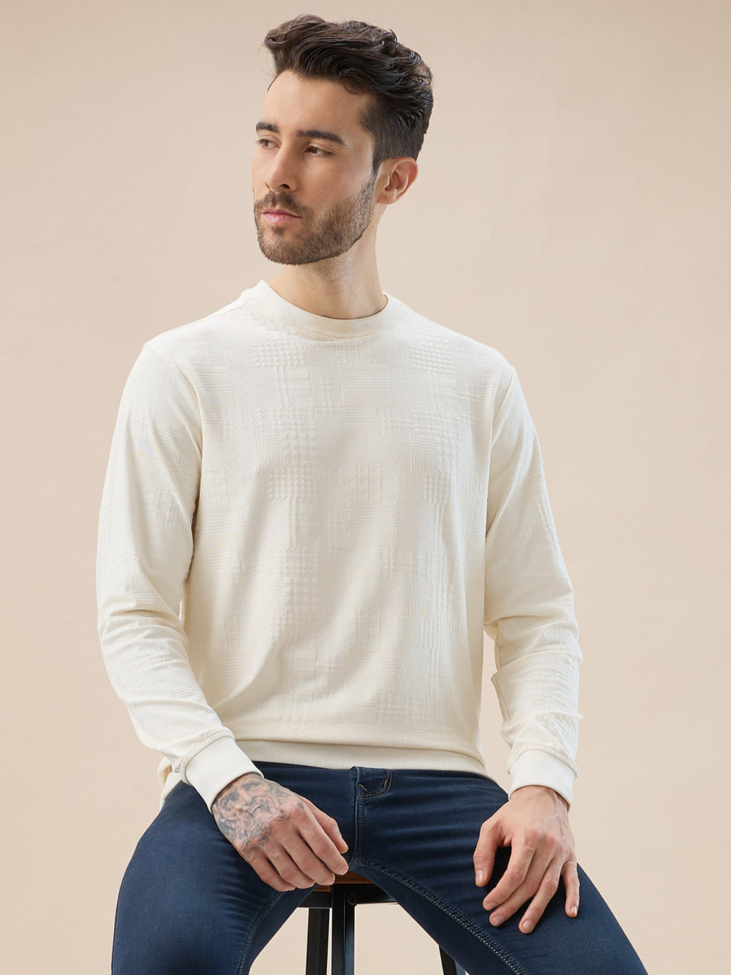 Men's Geometric Textured Round Neck Full Sleeve Regular Fit T-Shirt