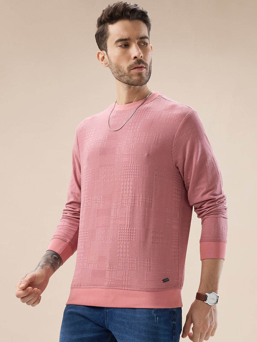 Men's Geometric Textured Round Neck Full Sleeve Regular Fit T-Shirt