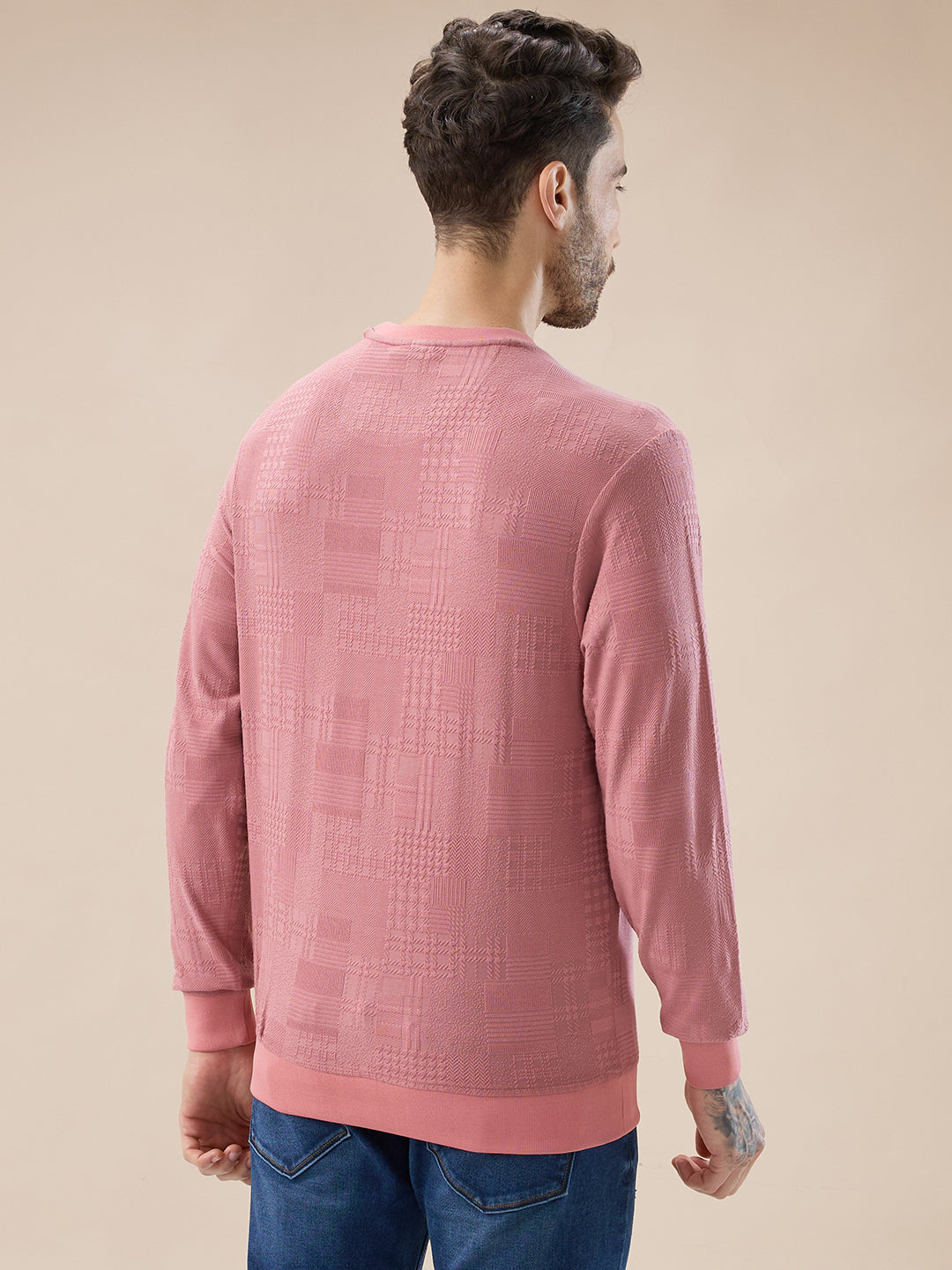Men's Geometric Textured Round Neck Full Sleeve Regular Fit T-Shirt
